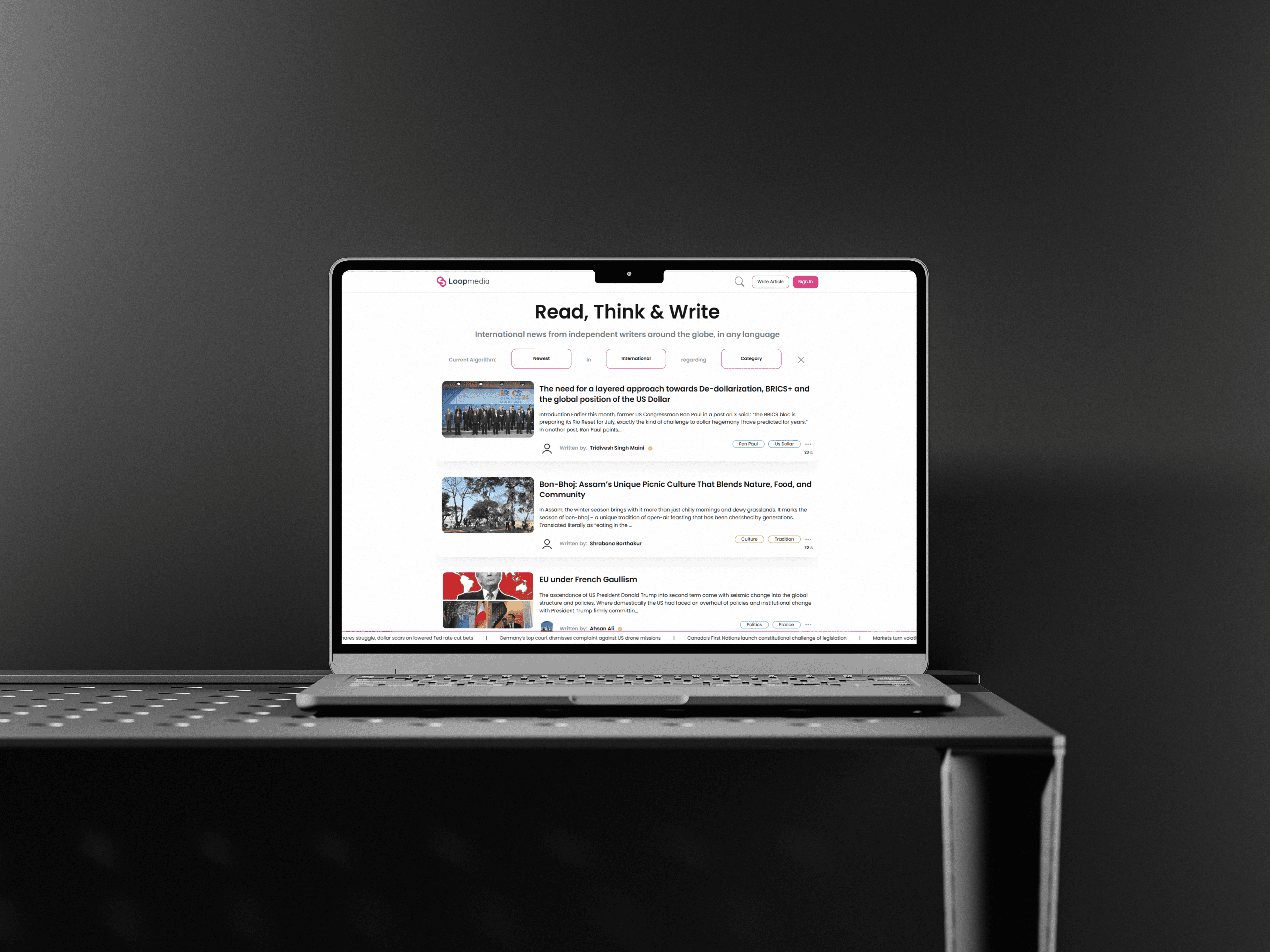 mockup Loop Media: Una plataforma de publicación de artículos de noticias sin barreras lingüísticas o algoritmos